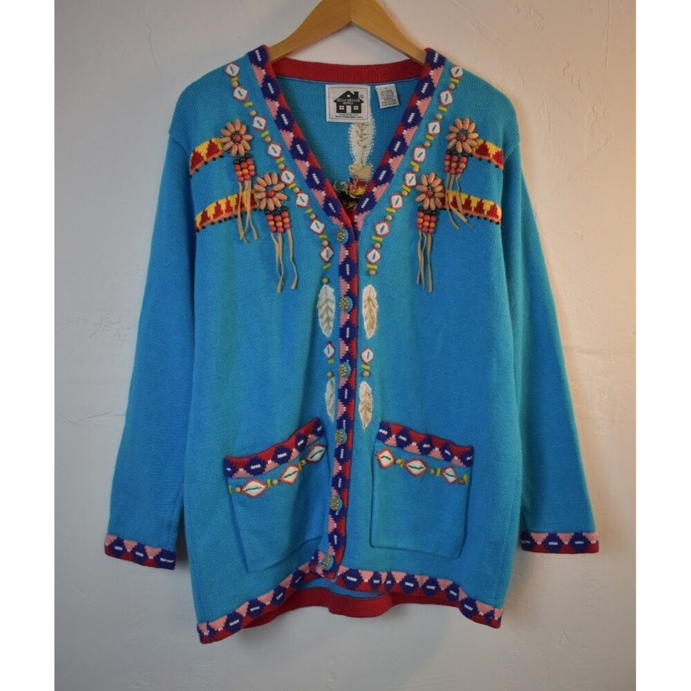 Vintage Beaded Blue Storybook Knits Cardigan Sweater - Indian Maiden Pattern